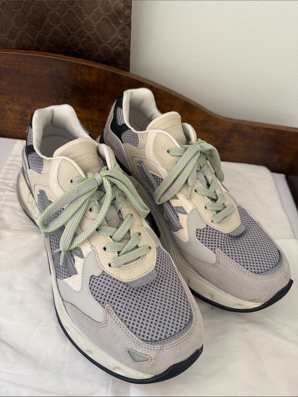 Premiata Men's Beige Gray Mesh Sneakers with Light Green Laces